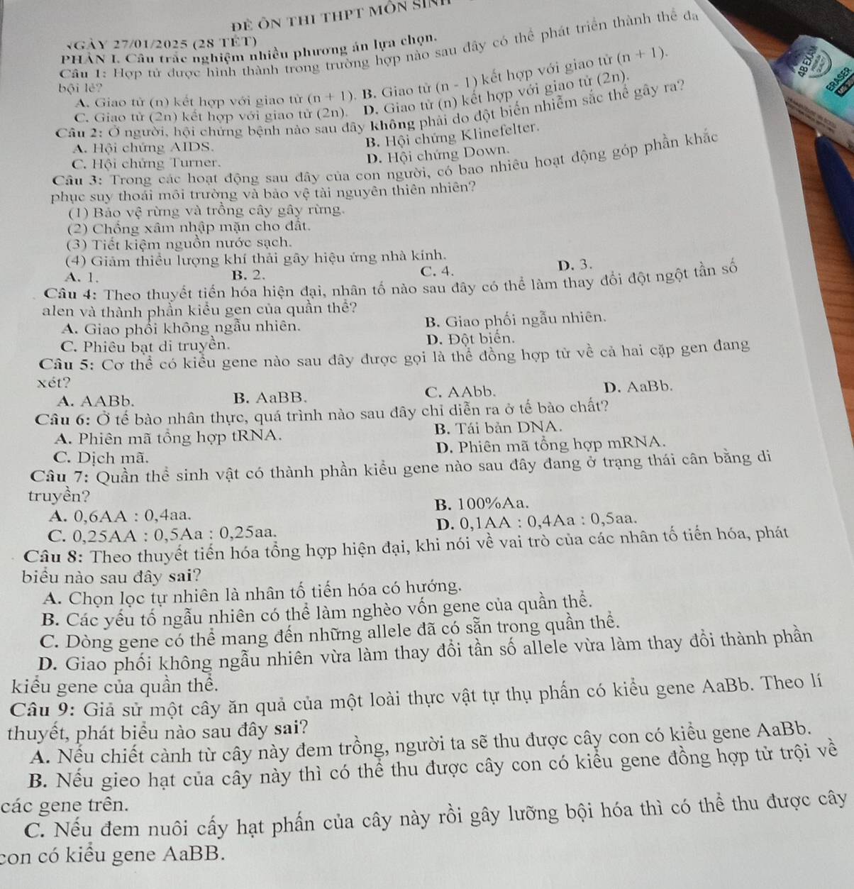đẻ ôn thi thpt môn SINI
*Gày 27/01/2025 (28 TÉT)
Câu 1: Hợp tử được hình thành trong trường hợp nào sau đây có thể phát triển thành thể đa
PHÀN I. Câu trắc nghiệm nhiều phương án lựa chọn.
A. Giao tử (n) kết hợp với giao tử (n+1). B. Giao tử (n-1) kết hợp với giao tử (n+1).
bội lè?
C. Giao tử (2n) kết hợp với giao tử (2n). D. Giao tử (n) kết hợp với giao tử (2n).
Câu 2: Ở người, hội chứng bệnh nào sau đây không phải do đột biển nhiễm sắc thể gây ra?
A. Hội chứng AIDS.
B. Hội chứng Klinefelter.
Câu 3: Trong các hoạt động sau đây của con người, có bao nhiêu hoạt động góp phần khắc
C. Hội chứng Turner.
D. Hội chứng Down.
phục suy thoái môi trường và bảo vệ tài nguyên thiên nhiên?
(1) Bảo vệ rừng và trồng cây gây rừng.
(2) Chổng xâm nhập mặn cho đất.
(3) Tiết kiệm nguồn nước sạch.
(4) Giảm thiều lượng khí thải gây hiệu ứng nhà kính.
A. 1. B. 2. C. 4. D. 3.
Câu 4: Theo thuyết tiến hóa hiện đại, nhân tố nào sau đây có thể làm thay đổi đột ngột tần số
alen và thành phần kiểu gen của quần thể?
A. Giao phối không ngẫu nhiên. B. Giao phối ngẫu nhiên.
C. Phiêu bạt di truyền. D. Đột biển.
Câu 5: Cơ thể có kiểu gene nào sau đây được gọi là thể đồng hợp tử về cả hai cặp gen đang
xét?
A. AABb. B. AaBB. C. AAbb. D. AaBb.
Câu 6: Ở tế bào nhân thực, quá trình nào sau đây chỉ diễn ra ở tế bào chất?
A. Phiên mã tổng hợp tRNA. B. Tái bản DNA.
C. Dịch mã. D. Phiên mã tổng hợp mRNA.
Câu 7: Quần thể sinh vật có thành phần kiều gene nào sau đây đang ở trạng thái cân bằng di
truyền?
A. 0,6AA : 0,4aa. B. 100%Aa.
C. 0,25AA : 0,5Aa : 0,25aa. D. 0,1AA : 0,4Aa : 0,5aa.
Câu 8: Theo thuyết tiến hóa tổng hợp hiện đại, khi nói về vai trò của các nhân tố tiến hóa, phát
biểu nào sau đây sai?
A. Chọn lọc tự nhiên là nhân tố tiến hóa có hướng.
B. Các yếu tố ngẫu nhiên có thể làm nghèo vốn gene của quần thể.
C. Dòng gene có thể mang đến những allele đã có sẵn trong quần thể.
D. Giao phối không ngẫu nhiên vừa làm thay đổi tần số allele vừa làm thay đổi thành phần
kiểu gene của quần thể.
Câu 9: Giả sử một cây ăn quả của một loài thực vật tự thụ phần có kiểu gene AaBb. Theo lí
thuyết, phát biểu nào sau đây sai?
A. Nếu chiết cành từ cây này đem trồng, người ta sẽ thu được cây con có kiểu gene AaBb.
B. Nếu gieo hạt của cây này thì có thể thu được cây con có kiểu gene đồng hợp tử trội về
các gene trên.
C. Nếu đem nuôi cấy hạt phấn của cây này rồi gây lưỡng bội hóa thì có thể thu được cây
con có kiểu gene AaBB.
