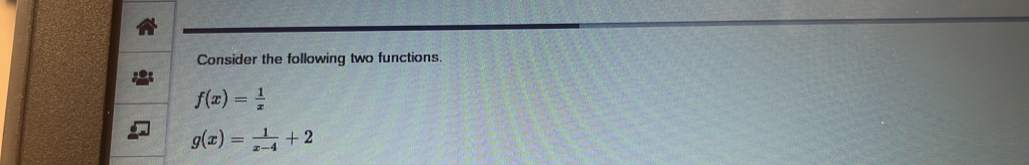 Consider the following two functions.
f(x)= 1/x 
g(x)= 1/x-4 +2