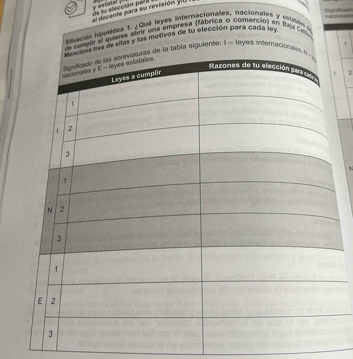 estt I 
de tu elección para o 
Significade 
al docente para su revisión y 
Cuad 
nacionales 
Situación hipotética 1. ¿Qué leyes internacionales, nacionales y estatales d 
e cumplir si quieres abrir una empresa (fábrica o comercío) en Baja Califor 
s de ellas y los motivos de tu elección para cada ley 
1 
abla siguiente: 1 - leyes internaciona 
2 
N