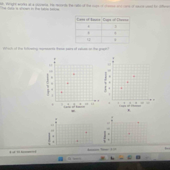 Mr. Wright works at a pizzeria. He records the ratio of the cups of cheese and cans of sauce used for differen 
The data is shown in the table below 
Which of the following represents these pairs of values on the graph? 
u 
U3
10
a 
. 
w
6 Ses 
8 of 10 Answered Sessim Timer: 2:31 
a