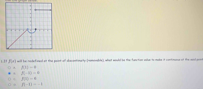 Ose the graph Below.
1.If f(x) will be redefined at the point of discontinuity (removable), what would be the function value to make it continuous at the said point
A. f(1)=0
B. f(-1)=0
C. f(1)=6
D. f(-1)=-1