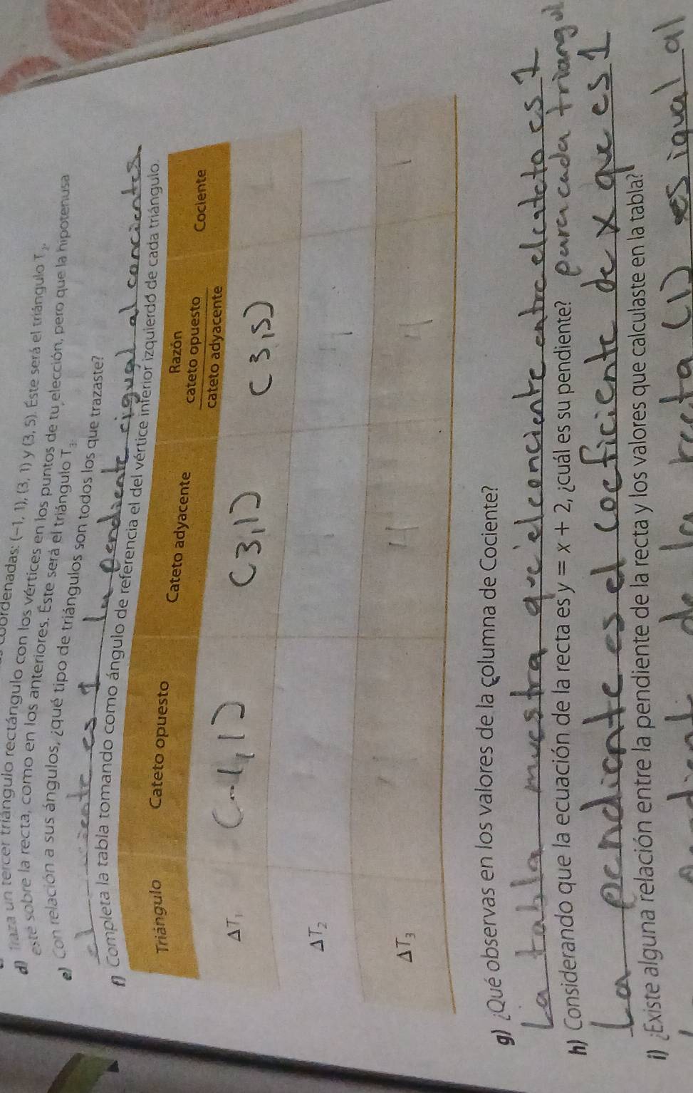 Cobrdenadas: (-1,1),(3,1) y (3,5) Este será el triángulo T_2.
d fraza un tercer triángulo rectángulo con los vértices en los puntos de tu elección, pero que la hipotenusa
este sobre la recta, como en los anteriores. Este será el triángulo T,
_
e Con relación a sus ángulos, ¿qué tipo de triángulos son todos los que trazaste?
ta la tabla toma
g) ¿Qué observas en los valores de la columna de Cociente?
_
) Considerando que la ecuación de la recta es y=x+2 ¿cuál es su pendiente?
_
) Existe alguna relación entre la pendiente de la recta y los valores que calculaste en la tabla?
_