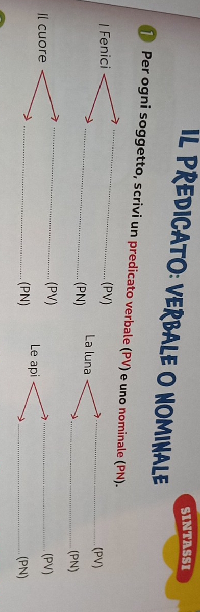 SINTASSI 
IL PREDICATO: VERBALE O NOMINALE 
_ 
1 Per ogni soggetto, scrivi un predicato verbale (PV) e uno nominale (PN). 
I Fenici (PV) 
_ 
La luna 
_(PV) 
(PN) 
_(PN) 
_(PV) (PV) 
Il cuore Le api_ 
_(PN) _(PN)