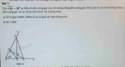 Bài 7;
Cho widehat xAy=60° và điểm B năm trong góc xAy, Kẻ đường thẳng BN vuỡng góc với Ay cắt Ax tại H; kẻ đường thắng
BM vuông góc với Ax cắt Ay tại K (Hình 14). Chứng minh:
a) Các tứ giác AMBN, HMNK là các tứ giác nội tiếp đường tròn.
b) HK=2MN