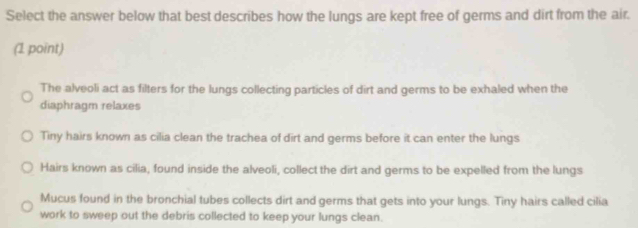 Select the answer below that best describes how the lungs are kept free of germs and dirt from the air.
(1 point)
The alveoli act as filters for the lungs collecting particles of dirt and germs to be exhaled when the
diaphragm relaxes
Tiny hairs known as cilia clean the trachea of dirt and germs before it can enter the lungs
Hairs known as cilia, found inside the alveoli, collect the dirt and germs to be expelled from the lungs
Mucus found in the bronchial tubes collects dirt and germs that gets into your lungs. Tiny hairs called cilia
work to sweep out the debris collected to keep your lungs clean.