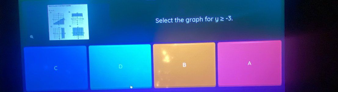 Select the graph for y ≥ -3.
A
C
D
B