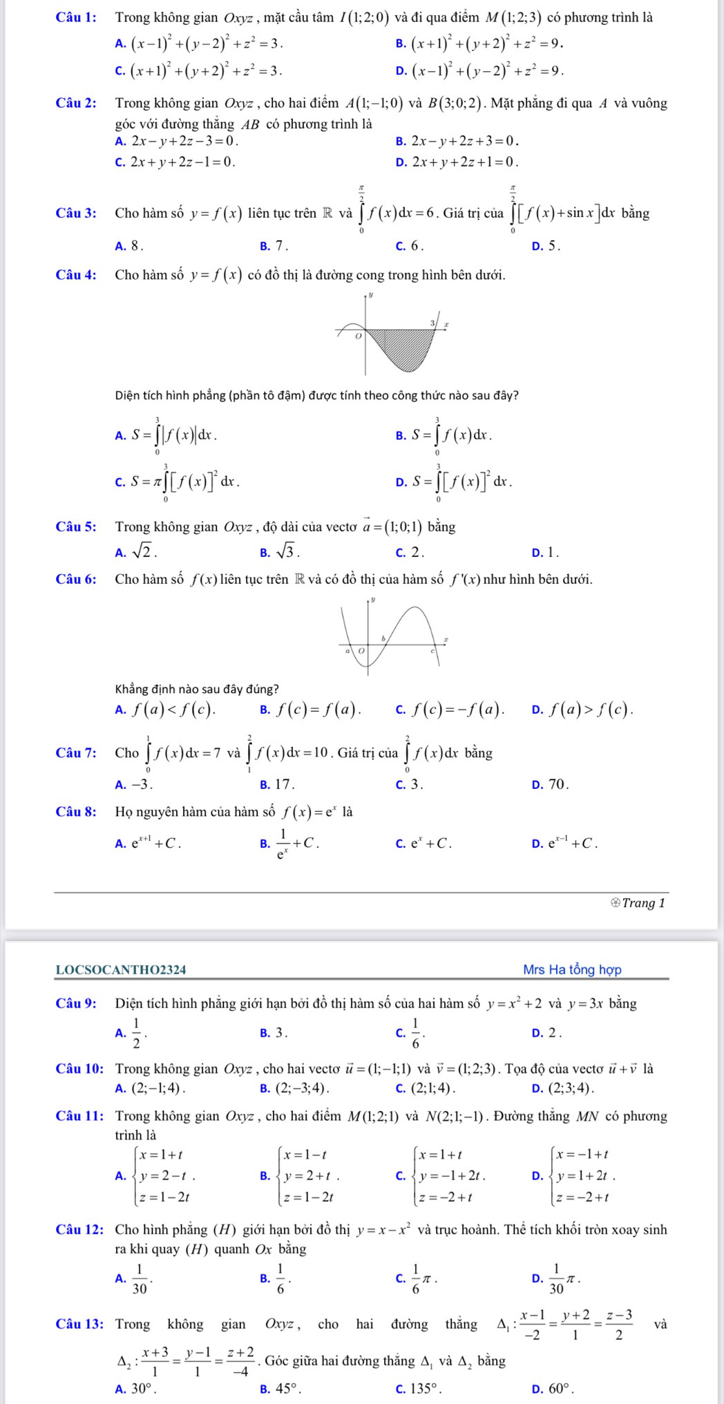 Trong không gian Oxyz , mặt cầu tâm I(1;2;0) và đi qua điểm M(1;2;3) có phương trình là
A. (x-1)^2+(y-2)^2+z^2=3. B. (x+1)^2+(y+2)^2+z^2=9.
C. (x+1)^2+(y+2)^2+z^2=3. D. (x-1)^2+(y-2)^2+z^2=9.
Câu 2: Trong không gian Oxyz , cho hai điểm A(1;-1;0) và B(3;0;2). Mặt phẳng đi qua A và vuông
góc với đường thắng AB có phương trình là
A. 2x-y+2z-3=0. B. 2x-y+2z+3=0.
C. 2x+y+2z-1=0. D. 2x+y+2z+1=0.
 π /2 
Câu 3: Cho hàm số y=f(x) liên tục trên R và ∈tlimits _0^(2f(x)dx=6. Giá trị của ∈tlimits _0^(frac π)2)[f(x)+sin x]dx bằng
A. 8 . B. 7 . c. 6 . D. 5 .
Câu 4: Cho hàm số y=f(x) có đồ thị là đường cong trong hình bên dưới.
0
Diện tích hình phẳng (phần tô đậm) được tính theo công thức nào sau đây?
A. S=∈tlimits _0^(3|f(x)|dx. S=∈tlimits _0^1f(x)dx.
B.
C. S=π ∈tlimits _0^3[f(x)]^2)dx. S=∈tlimits _0^(3[f(x)]^2)dx
D.
Câu 5: Trong không gian Oxyz , độ dài của vectơ vector a=(1;0;1) bằng
A. sqrt(2). B. sqrt(3). c. 2 . D. 1 .
Câu 6: Cho hàm số f(x) liên tục trên R và có đồ thị của hàm số f'(x) như hình bên dưới.
Khẳng định nào sau đây đúng?
A. f(a) B. f(c)=f(a). C. f(c)=-f(a). D. f(a)>f(c).
Câu 7: Cho∈tlimits _0^(1f(x)dx=7 và ∈tlimits _0^2f(x)dx=10. Giá trị của ∈tlimits _0^2f(x)dxbdot a)ng
A. -3 . B. 17 . c. 3 . D. 70 .
Câu 8: Họ nguyên hàm của hàm số f(x)=e^x1dot a
A. e^(x+1)+C. B.  1/e^x +C. C. e^x+C. D. e^(x-1)+C.
*Trang 1
LOCSOCANTHO2324 Mrs Ha tổng hợp
Câu 9: Diện tích hình phẳng giới hạn bởi đồ thị hàm số của hai hàm số y=x^2+2 và y=3x bằng
A.  1/2 . B. 3 . C.  1/6 . D. 2 .
Câu 10: Trong không gian Oxyz , cho hai vectơ vector u=(1;-1;1) và vector v=(1;2;3) ). Tọa độ của vectơ vector u+vector v là
A. (2;-1;4). B. (2;-3;4). C. (2;1;4). D. (2;3;4).
Câu 11: Trong không gian Oxyz , cho hai điểm M(1;2;1) và N(2;1;-1). Đường thắng MN có phương
trình là
A. beginarrayl x=1+t y=2-t. z=1-2tendarray. B. beginarrayl x=1-t y=2+t. z=1-2tendarray. C. beginarrayl x=1+t y=-1+2t. z=-2+tendarray. D. beginarrayl x=-1+t y=1+2t. z=-2+tendarray.
Câu 12: Cho hình phẳng (H) giới hạn bởi đồ thị y=x-x^2 và trục hoành. Thể tích khối tròn xoay sinh
ra khi quay (H) quanh Ox bằng
A.  1/30 .  1/6 . C.  1/6 π . D.  1/30 π .
B.
Câu 13: Trong không gian Oxyz , cho hai đường thắng △ _1: (x-1)/-2 = (y+2)/1 = (z-3)/2  và
D2 : (x+3)/1 = (y-1)/1 = (z+2)/-4 . Góc giữa hai đường thắng Δ và Δ, bằng
B. 45°.
A. 30° C. 135°. D. 60°.