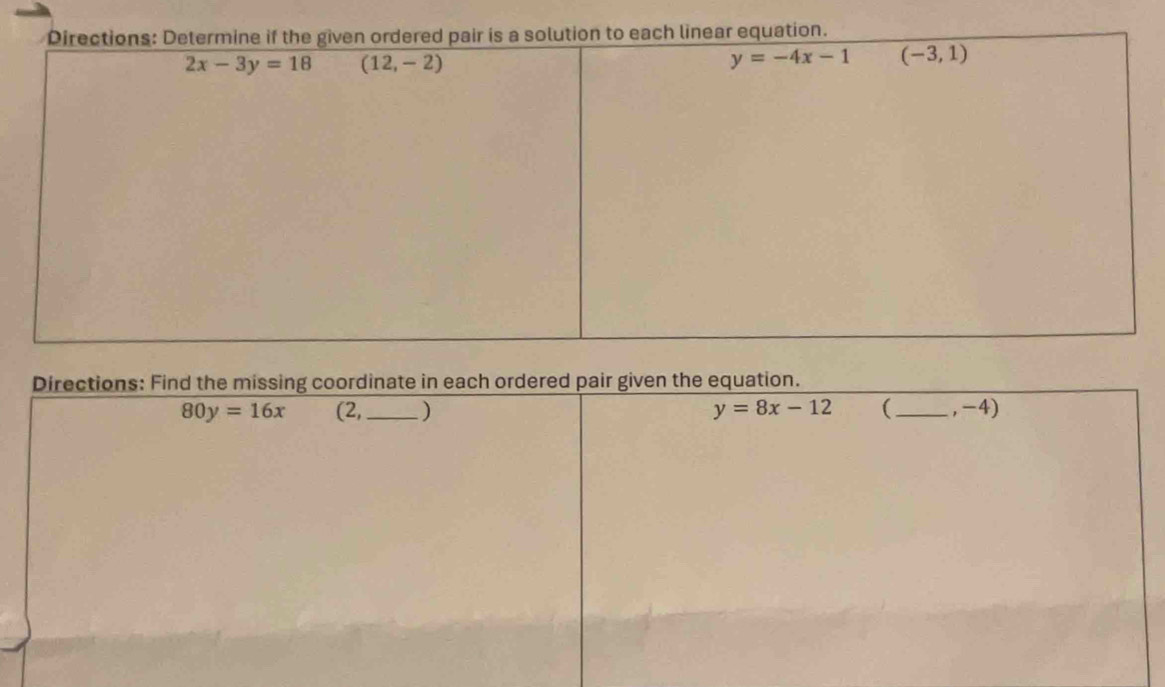 Directions: Find the missing coordinate in each ordered pair given the equation.
80y=16x (2,_ ) y=8x-12 ( _, -4)