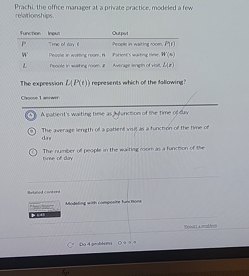 Prachi, the office manager at a private practice, modeled a few
relationships.
The expression L(P(t)) represents which of the following?
Choose 1 answer:
A) A patient's waiting time as ffunction of the time of day
) The average length of a patient visit as a function of the time of
day
The number of people in the waiting room as a function of the
time of day
Related content
Modeling with composite functions
6x43
Report a problem
Do 4 problems