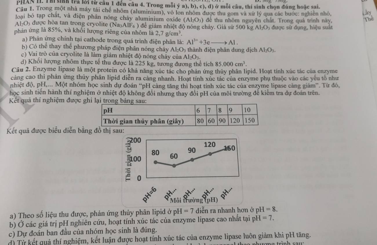 PHAN II. Th sinh trả lời từ câu 1 đến câu 4. Trong mỗi ý a) ,b),c),d) ở ở mỗi câu, thí sinh chọn đúng hoặc sai.
Câu 1. Trong một nhà máy tái chế nhôm (aluminium), vô lon nhôm được thu gom và xứ lý qua các bước: nghiên nhỏ, Lây
loại bỏ tạp chất, và điện phân nóng chảy aluminium oxide (Al_2O_3) để thu nhôm nguyên chất. Trong quá trình này,
Thể
Al₂O₃ được hòa tan trong cryolite (Na_3AlF_6) 0 để giảm nhiệt độ nóng chảy. Giả sử 500kg Al_2O_3 được sử dụng, hiệu suất
phản ứng là 85%, và khổi lượng riêng của nhôm là 2,7g/cm^3.
a) Phản ứng chính tại cathode trong quá trình điện phân là: Al^(3+)+3eto Al.
b) Có thể thay thế phương pháp điện phân nóng chảy Al_2O_3 thành điện phân dung dịch Al_2O_3.
c) Vai trò của cryolite là làm giảm nhiệt độ nóng chảy của Al_2O_3.
d) Khối lượng nhôm thực tế thu được là 225 kg, tương đương thể tích 85.000cm^3.
Câu 2. Enzyme lipase là một protein có khả năng xúc tác cho phản ứng thủy phân lipid. Hoạt tính xúc tác của enzyme
càng cao thì phản ứng thủy phân lipid diễn ra càng nhanh. Hoạt tính xúc tác của enzyme phụ thuộc vào các yếu tố như
nhiệt độ, pH,... Một nhóm học sinh dự đoán “pH càng tăng thì hoạt tính xúc tác của enzyme lipase càng giám”. Từ đó,
học sinh tiến hành thí nghiệm ở nhiệt độ không đổi nhưng thay đổi pH của môi trường để kiểm tra dự đoán trên.
Kết quả thí nghiệm được 
Kết quả được biểu diễn bằ thị sau:
a) Theo số liệu thu được, phản ứng thủy phân lipid ở pH=7 diễn ra nhanh hơn ở pH=8.
b) Ở các giá trị pH nghiên cứu, hoạt tính xúc tác của enzyme lipase cao nhất tại ph I=7.
c) Dự đoán ban đầu của nhóm học sinh là đúng.
d) Từ kết quả thí nghiệm, kết luận được hoạt tính xúc tác của enzyme lipase luôn giảm khi pH tăng.
r h u  ơ n g  trình  s a u