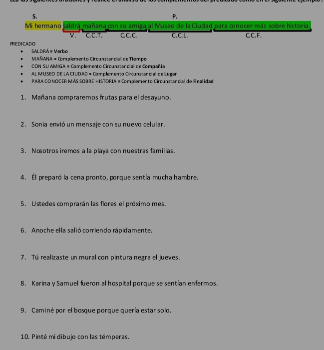Mi hermano saldrá mañana con su amiga al Museo de la Ciudad para conocer más sobre historia. 
V. C.C.T. C.C .C. C. C. L. CC.F. 
PREDICADO 
SALDRÁ = Verbo 
MAÑANA = Complemento Circunstancial de Tiempo 
CON SU AMIGA = Complemento Circunstancial de Compañía 
AL MUSEO DE LA CIUDAD = Complemento Circunstancial de Lugar 
PARA CO NOCER MÁS SOBRE HISTORIA = Complemento Circunstancial de Finalidad 
1. Mañana compraremos frutas para el desayuno. 
2. Sonia envió un mensaje con su nuevo celular. 
3. Nœotros iremos a la playa con nuestras familias. 
4. Él preparó la cena pronto, porque sentía mucha hambre. 
5. Ustedes comprarán las flores el próximo mes. 
6. Anoche ella salió corriendo rápidamente. 
7. Tú realizaste un mural con pintura negra el jueves. 
8. Karina y Samuel fueron al hospital porque se sentían enfermos. 
9. Caminé por el bosque porque quería estar solo. 
10. Pinté mi dibujo con las témperas.