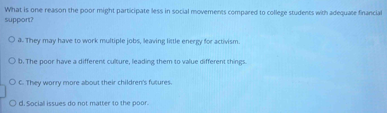 Solved: What is one reason the poor might participate less in social ...