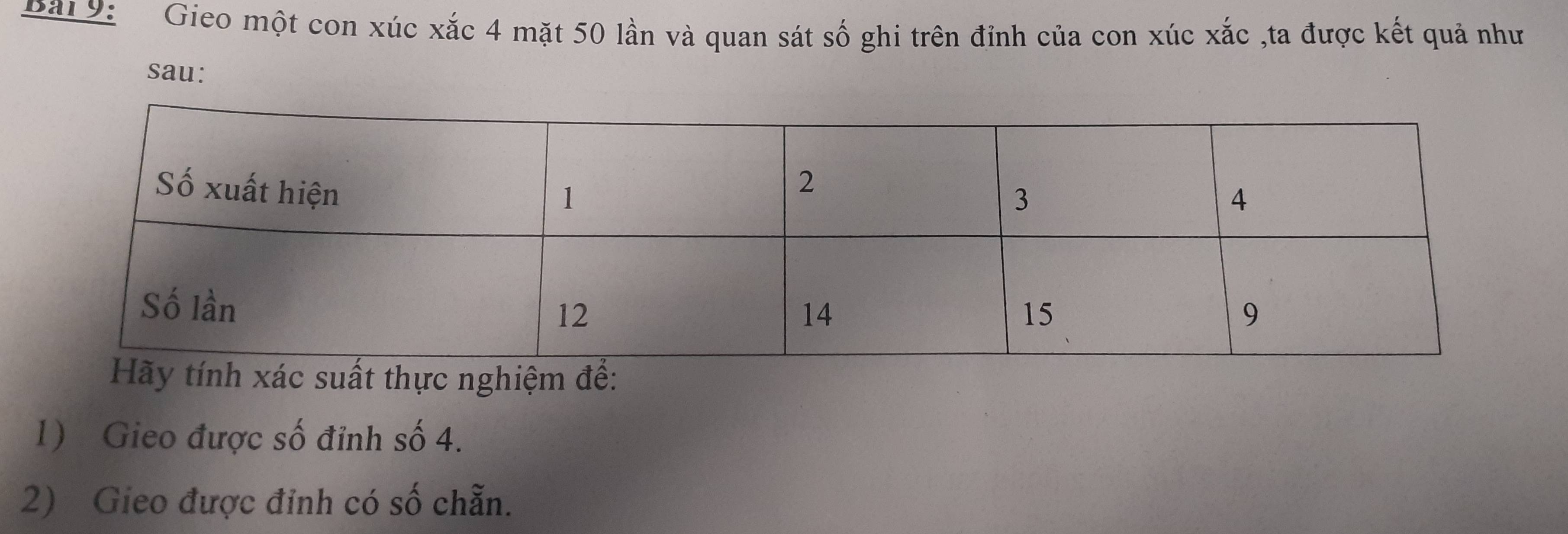 Bar 9: - Gieo một con xúc xắc 4 mặt 50 lần và quan sát số ghi trên đỉnh của con xúc xắc ,ta được kết quả như 
sau: 
ất thực nghiệm để: 
1) Gieo được số đỉnh số 4. 
2) Gieo được đỉnh có số chẵn.