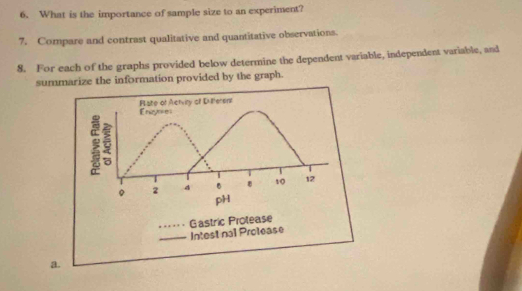 What is the importance of sample size to an experiment? 
7. Compare and contrast qualitative and quantitative observations. 
8. For each of the graphs provided below determine the dependent variable, independent variable, and 
summarize the information provided by the graph. 
a.