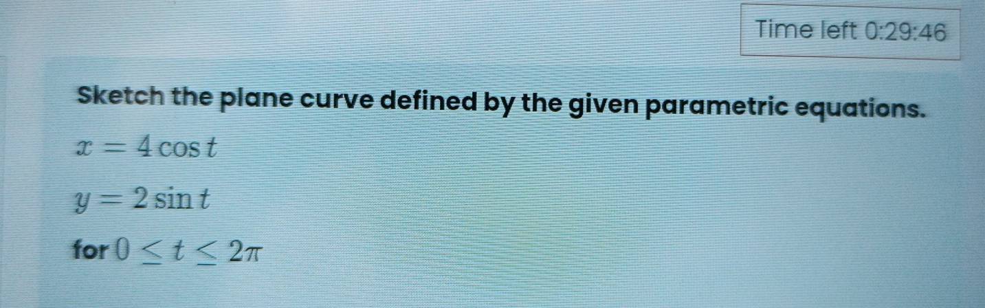 Time left 0:29:46 
Sketch the plane curve defined by the given parametric equations.
x=4cos t
y=2sin t
for 0≤ t≤ 2π