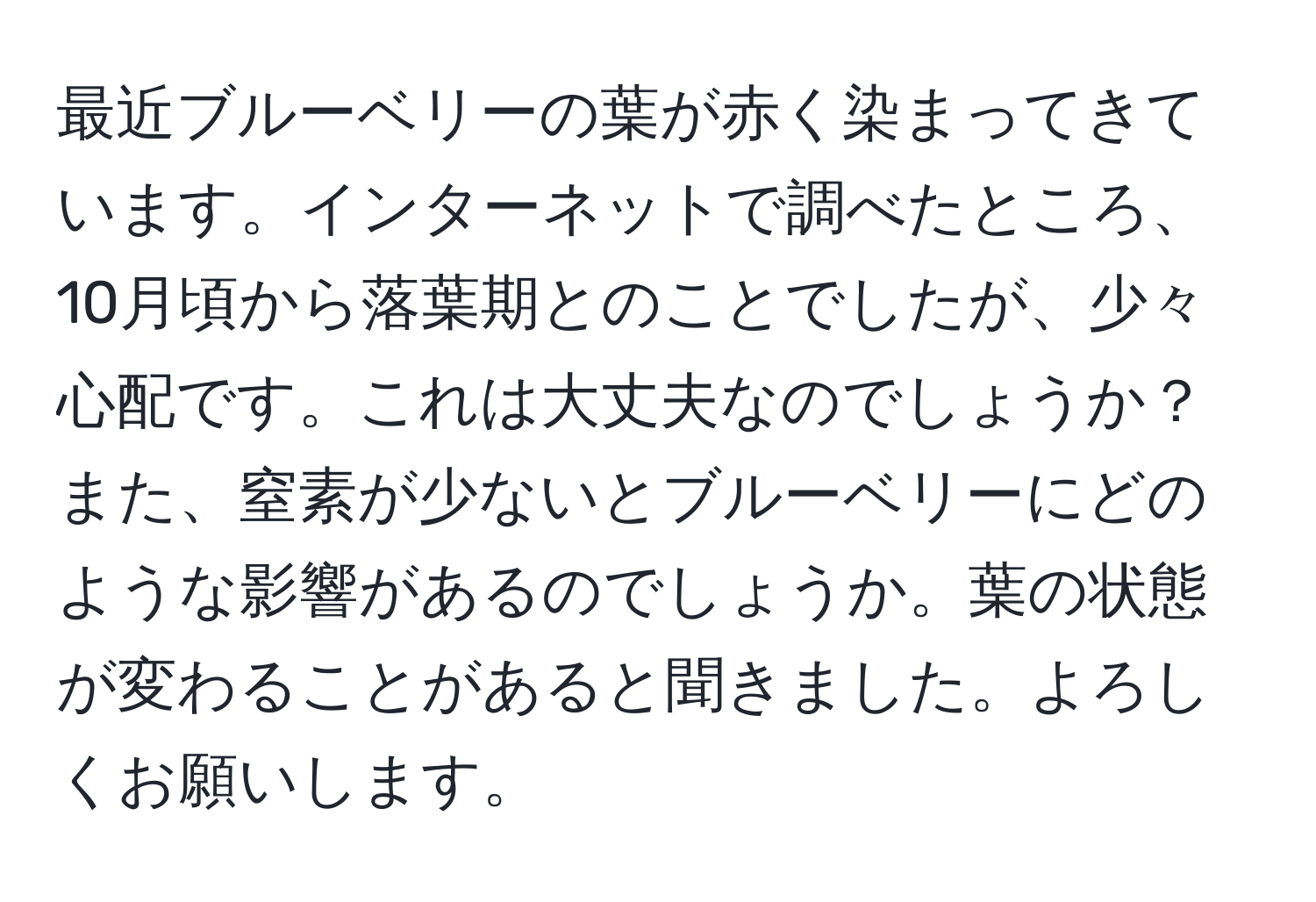 最近ブルーベリーの葉が赤く染まってきています。インターネットで調べたところ、10月頃から落葉期とのことでしたが、少々心配です。これは大丈夫なのでしょうか？また、窒素が少ないとブルーベリーにどのような影響があるのでしょうか。葉の状態が変わることがあると聞きました。よろしくお願いします。