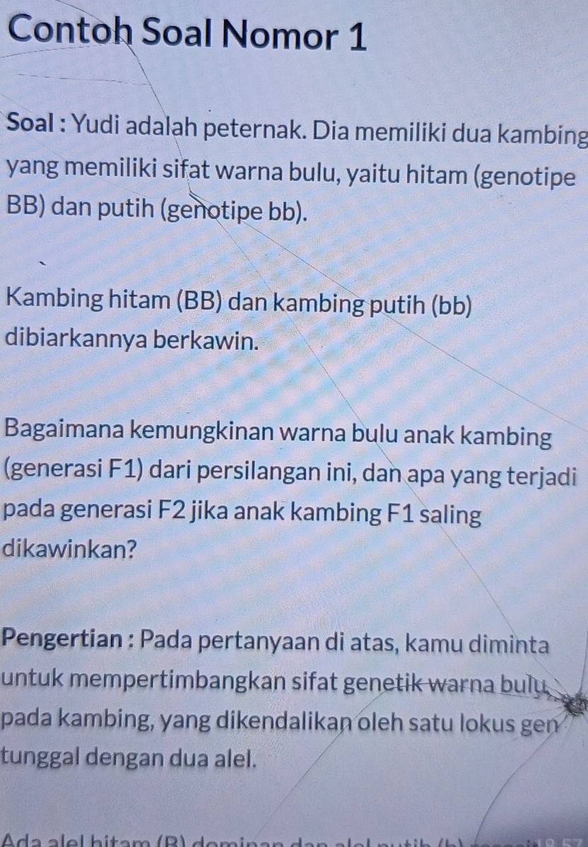 Contoh Soal Nomor 1 
Soal : Yudi adalah peternak. Dia memiliki dua kambing 
yang memiliki sifat warna bulu, yaitu hitam (genotipe 
BB) dan putih (genotipe bb). 
Kambing hitam (BB) dan kambing putih (bb) 
dibiarkannya berkawin. 
Bagaimana kemungkinan warna bulu anak kambing 
(generasi F1) dari persilangan ini, dan apa yang terjadi 
pada generasi F2 jika anak kambing F1 saling 
dikawinkan? 
Pengertian : Pada pertanyaan di atas, kamu diminta 
untuk mempertimbangkan sifat genetik warna bulu. 
pada kambing, yang dikendalikan oleh satu lokus gen 
tunggal dengan dua alel.