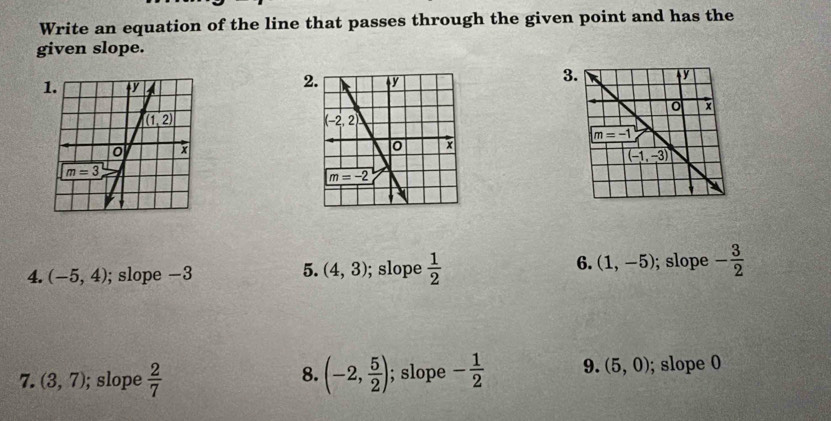 Write an equation of the line that passes through the given point and has the
given slope.
1.
2
3
6.
4. (-5,4); slope -3; slope  1/2  (1,-5) ; slope - 3/2 
5. (4,3)
7. (3,7); slope  2/7  (-2, 5/2 ); slope - 1/2  9. (5,0); slope 0
8.