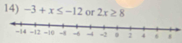 -3+x≤ -12 or 2x≥ 8