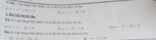 Ví dụ : Lập bang biển thiên và vẽ đồ thị các hàm số sau 
a) y=x^2+3x+2 b) y=x^2-6x+8
3. Bài tập luyện tập. 
Bài 1: Lập bảng biển thiên và vẽ đồ thị các hàm số sau 
a) y=x^2-3x+2 b) y=-2x^2+4x c) y=-x^2-2x+3
Bài 2: Lập bảng biển thiên và vẽ đồ thị của các hàm số sau: 
a) v=x^2-2x-3 b) y=-x^2+3x.