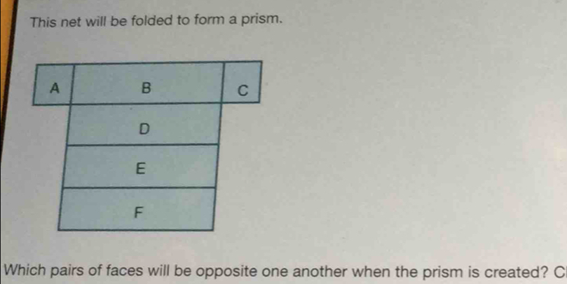 This net will be folded to form a prism. 
Which pairs of faces will be opposite one another when the prism is created? C