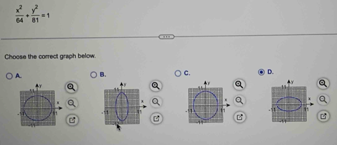  x^2/64 + y^2/81 =1
Choose the correct graph below. 
A. 
B. 
C. 
D.
y
y
x
x
11 1 11