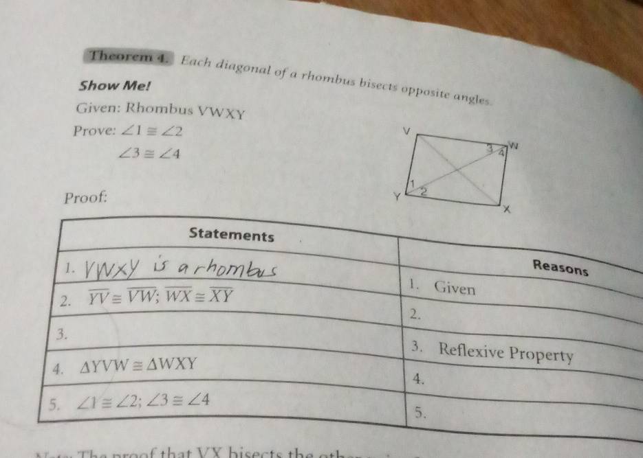 Theorem 4. Each diagonal of a rhombus bisects opposite angles. 
Show Me! 
Given: Rhombus VWXY
Prove: ∠ 1≌ ∠ 2
∠ 3≌ ∠ 4
Proof: 
Statements 
1. 
Reasons 
2. overline YV≌ overline VW; overline WX≌ overline XY
1. Given 
2. 
3. 
3. Reflexive Property 
4. △ YVW≌ △ WXY
4. 
5. ∠ 1≌ ∠ 2; ∠ 3≌ ∠ 4
5.
