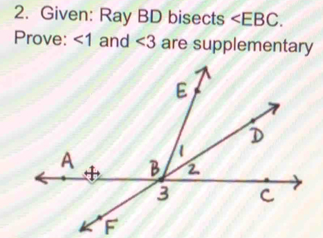 Given: Ray BD bisects . 
Prove: <1</tex> and ∠ 3 are supplementary