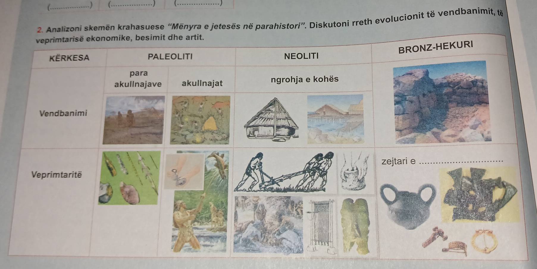 )  _. ) _. ) 
2. Analizoni skemën krahasuese “Mënyra e jetesës në parahistori”. Diskutoni rreth evolucionit të vendbanimit, të 
veprimtarisë ekonomike, besimit dhe artit. 
BRONZ-HEKURI 
KERKESA PALEOLITI NEOLITI 
para 
akullnajave akullnajat ngrohja e kohës 
Vendbanimi 
Veprimtaritë