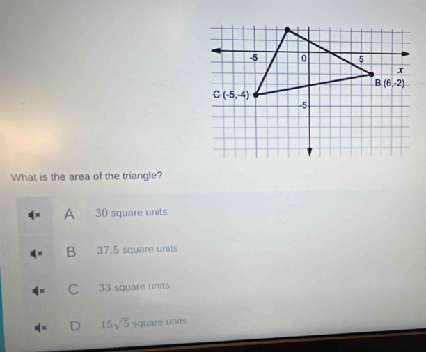 What is the area of the triangle?
A 30 square units
B 37.5 square units
C 33 square units
15sqrt(5) square units