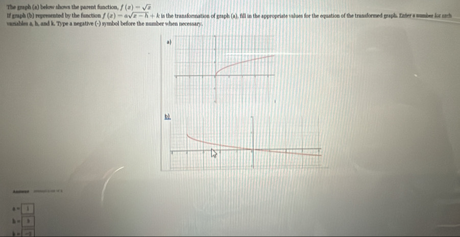 The graph (a) below shows the parent function, f(x)=sqrt(x)
If graph (b) represented by the function f(x)=asqrt(x-h)+k is the transformation of graph (a), fill in the appropriate values for the equation of the transformed graph. Enter a number for each 
varsables a, h, and k. Type a negative (-) symbol before the number when necessary. 
Assiwae
a=
h=
k=