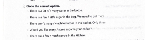 Circle the correct option.
There is a lot of / many water in the bottle.
There is a few / little sugar in the bag. We need to get more.
There aren't many / much tomatoes in the basket. Only three.
Would you like many / some sugar in your coffee?
There are a few / much carrots in the kitchen.