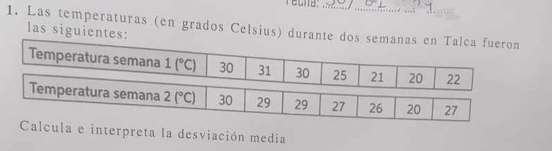 recha: 
1. Las temperaturas (en grados Celsius) durante dos semanas en Talca fueron 
las siguientes: 
Temperatura semana 1 (^circ C) 30 31 30 25 21 20 22
Temperatura semana 2(^circ C) 30 29 29 27 26 20 27
Calcula e interpreta la desviación media