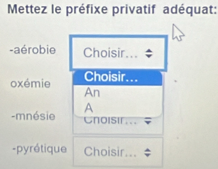 Mettez le préfixe privatif adéquat: 
-aérobie Choisir 
oxémie Choisir... 
An 
-mnésie A 
Cnoisir... 
-pyrétique Choisir...