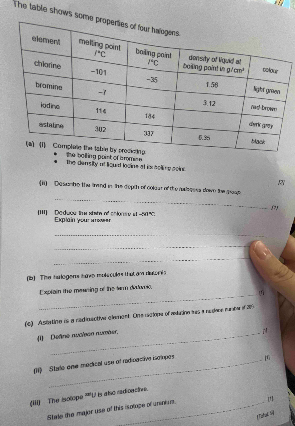 The table shows som
the boiling point of bromine
the density of liquid iodine at its boiling point.
[2]
_
(ii) Describe the trend in the depth of colour of the halogens down the group.
[1]
(iii) Deduce the state of chlorine at -50°C.
Explain your answer.
_
_
_
(b) The halogens have molecules that are diatomic.
Explain the meaning of the term diatomic.
_[1]
(c) Astatine is a radioactive element. One isotope of astatine has a nucleon number of 209.
(1) Define nucleon number.
[1]
(iI) State one medical use of radioactive isotopes.
[1]
(iii) The isotope 235U is also radioactive.
State the major use of this isotope of uranium.
[1]
[Total: 9]