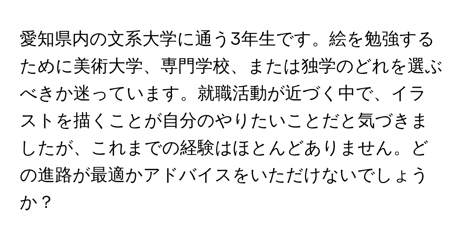 愛知県内の文系大学に通う3年生です。絵を勉強するために美術大学、専門学校、または独学のどれを選ぶべきか迷っています。就職活動が近づく中で、イラストを描くことが自分のやりたいことだと気づきましたが、これまでの経験はほとんどありません。どの進路が最適かアドバイスをいただけないでしょうか？