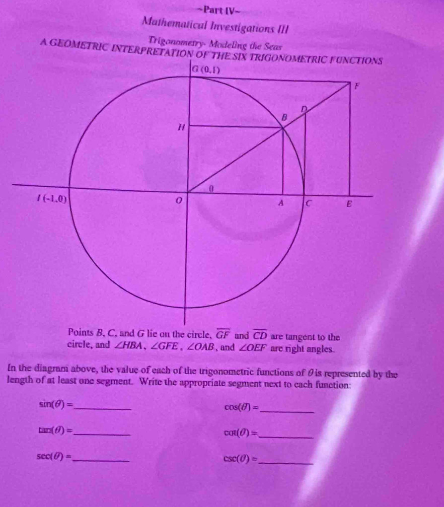 Part IV- ~
Mathematical Investigations III
Trigonometry- Modeling the Seas
A GEOMETRIC INTERPRETATION OF THE SIX TRIGONOMETRIC FUNCTIONS
e on the circle,  and overline CD are tangent to the
circle, and ∠ HBA,∠ GFE,∠ OAB , and ∠ OEF are right angles.
In the diagram above, the value of each of the trigonometric functions of θis represented by the
length of at least one segment. Write the appropriate segment next to cach function:
sin (θ )= _
cos (θ )= _
tan (θ )= _
_ cot (θ )=
_ sec (θ )=
_ csc (θ )=