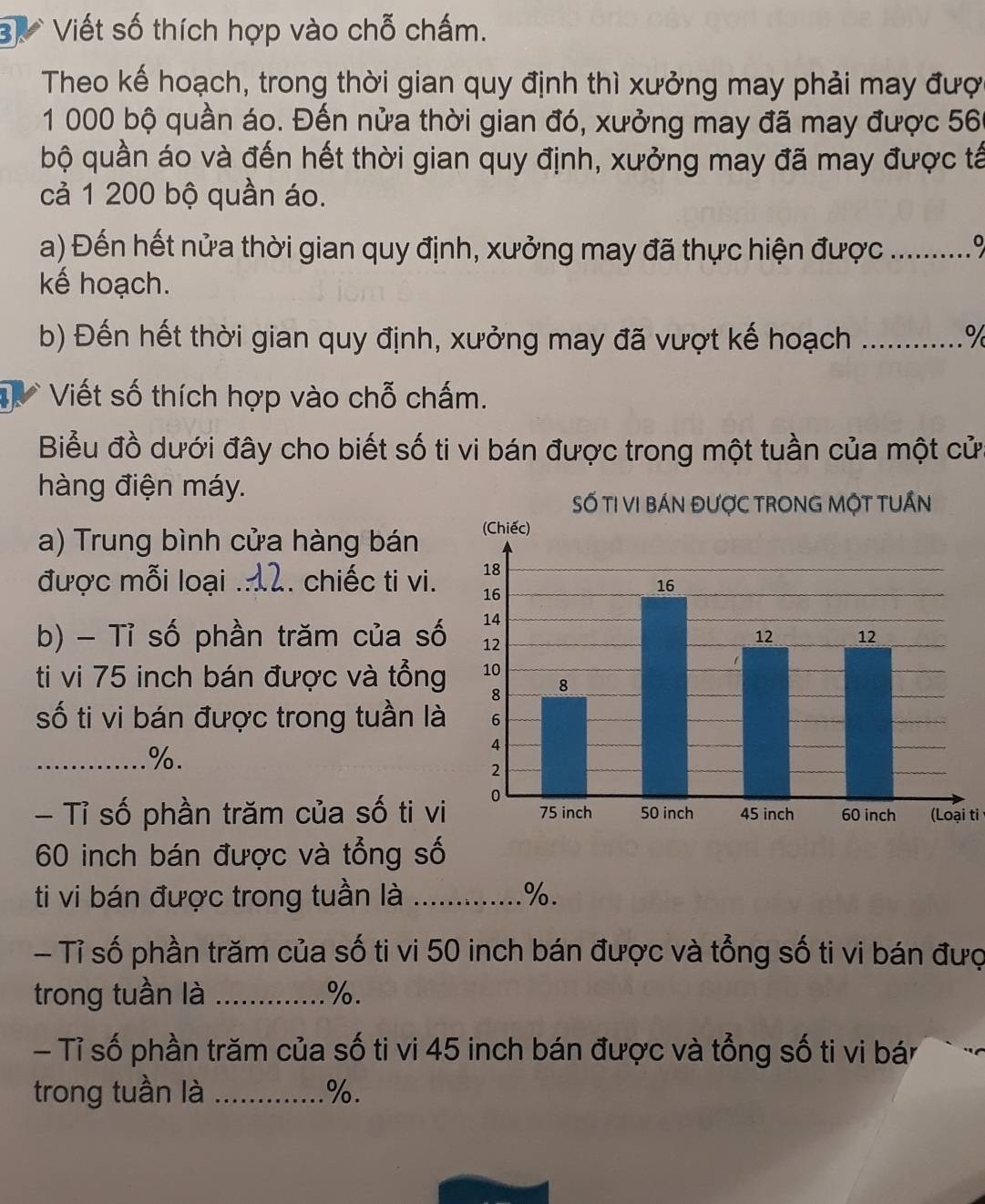 Viết số thích hợp vào chỗ chấm. 
Theo kế hoạch, trong thời gian quy định thì xưởng may phải may đượ
1 000 bộ quần áo. Đến nửa thời gian đó, xưởng may đã may được 56
bộ quần áo và đến hết thời gian quy định, xưởng may đã may được tả 
cả 1 200 bộ quần áo. 
a) Đến hết nửa thời gian quy định, xưởng may đã thực hiện được ............ 
kế hoạch. 
b) Đến hết thời gian quy định, xưởng may đã vượt kế hoạch o 
Viết số thích hợp vào chỗ chấm. 
Biểu đồ dưới đây cho biết số ti vi bán được trong một tuần của một cử 
hàng điện máy. 
Số TI VI báN đượC tRONG MộT TUầN 
a) Trung bình cửa hàng bán (Chiếc)
18
được mỗi loại . 12.. chiếc ti vi. 16 16
14 
b) - Tỉ số phần trăm của số 12 12
12 
ti vi 75 inch bán được và tổng 10
8 8
số ti vi bán được trong tuần là 6
_ %. 
4 
2 
- Tỉ số phần trăm của số ti vi 0 75 inch 50 inch 45 inch 60 inch (Loại ti
60 inch bán được và tổng số 
ti vi bán được trong tuần là _ %. 
- Tỉ số phần trăm của số ti vi 50 inch bán được và tổng số ti vi bán đượ 
trong tuần là _ %. 
- Tỉ số phần trăm của số ti vi 45 inch bán được và tổng số ti vi bán 
trong tuần là _. %.