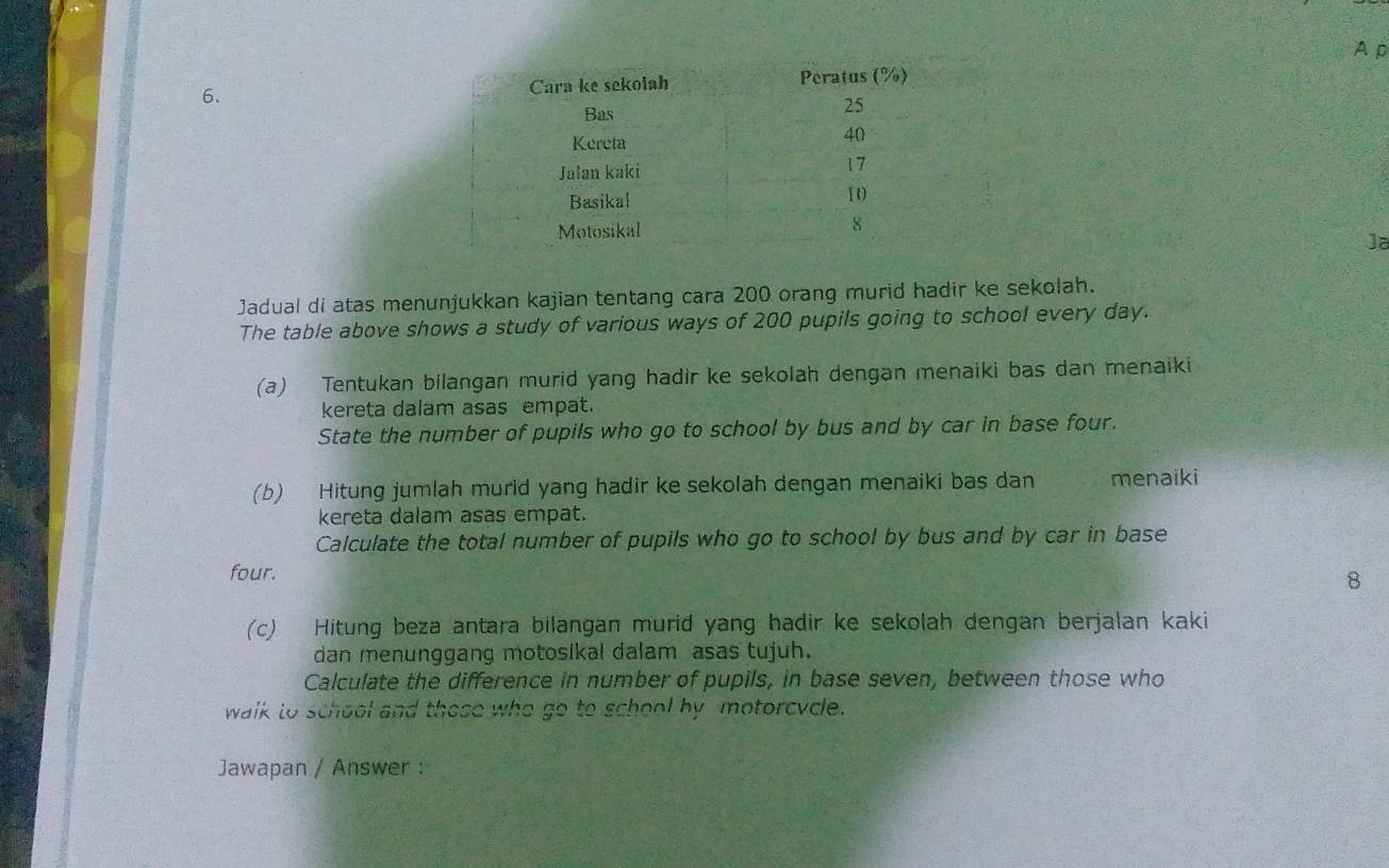 A p 
6. 
]a 
Jadual di atas menunjukkan kajian tentang cara 200 orang murid hadir ke sekolah. 
The table above shows a study of various ways of 200 pupils going to school every day. 
(a) Tentukan bilangan murid yang hadir ke sekolah dengan menaiki bas dan menaiki 
kereta dalam asas empat. 
State the number of pupils who go to school by bus and by car in base four. 
(b) Hitung jumlah murid yang hadir ke sekolah dengan menaiki bas dan menaiki 
kereta dalam asas empat. 
Calculate the total number of pupils who go to school by bus and by car in base 
four. 
8 
(c) Hitung beza antara bilangan murid yang hadir ke sekolah dengan berjalan kaki 
dan menunggang motosikal dalam asas tujuh. 
Calculate the difference in number of pupils, in base seven, between those who 
walk to school and those who go to school by motorcycle. 
Jawapan / Answer :