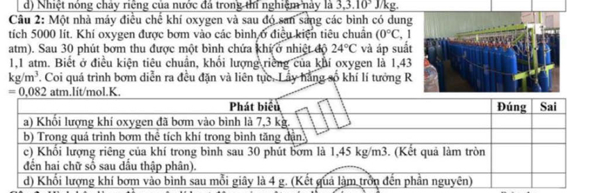 Nhiệt nóng chảy riệng của nước đá trong thi nghiệm này là 3,3.10^3 J/kg.
Câu 2: Một nhà máy điều chế khí oxygen và sau đó san sáng các bình có dung
tích 5000 lít. Khí oxygen được bơm vào các bình ở điều kiện tiêu chuẩn (0°C 、 1
atm). Sau 30 phút bơm thu được một bình chứa khí ở nhiệt độ 24°C và áp suất
1,1 atm. Biết ở điều kiện tiêu chuẩn, khối lượng riềng của khí oxygen là 1,43
kg/m^3. Coi quá trình bơm diễn ra đều đặn và liên tục. Lấy hằng số khí lí tưởng R