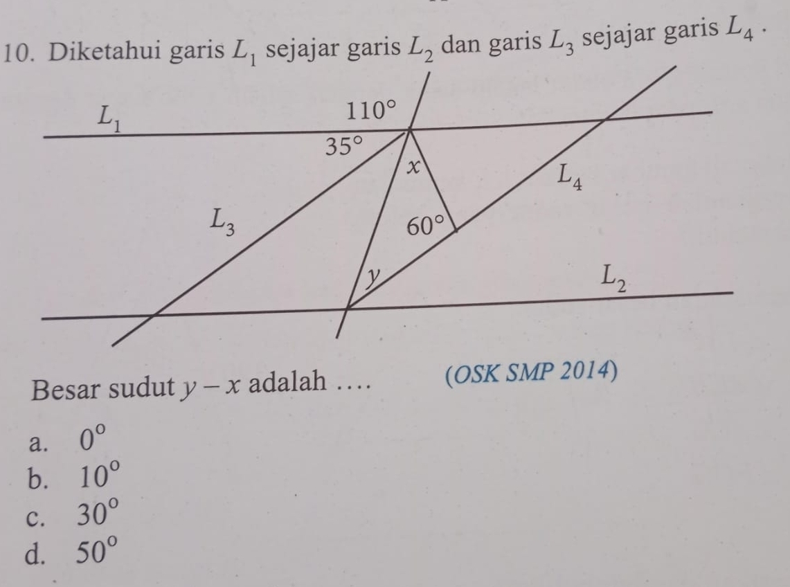 Diketahui garis L_1 sejajar garis L_2 dan garis L_3 sejajar garis L_4.
Besar sudut y-x adalah … (OSK SMP 2014)
a. 0°
b. 10°
C. 30°
d. 50°