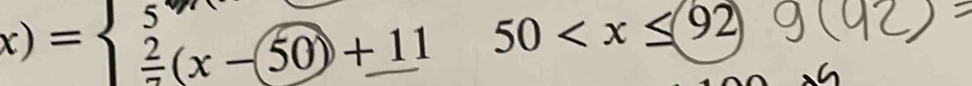 x)=beginarrayl 5  2/3 (x-50)+11endarray. 50