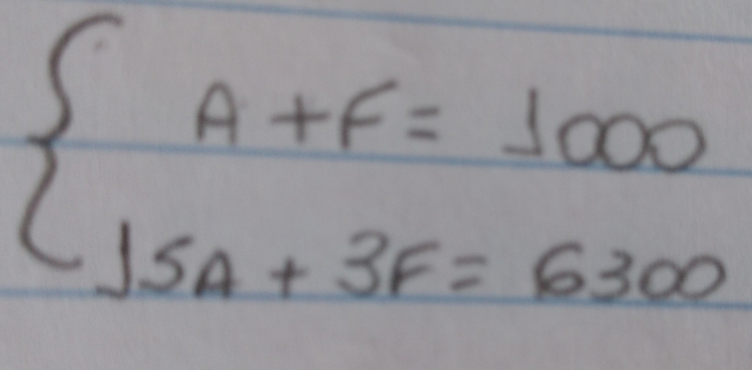 beginarrayl A+F=1000 15A+3F=6300endarray.