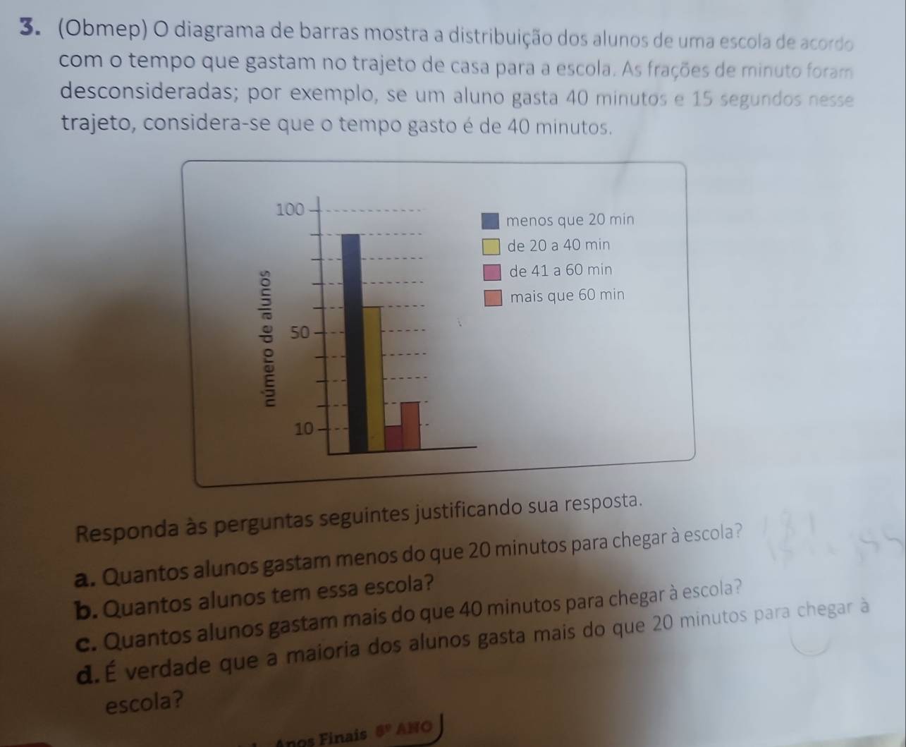 (Obmep) O diagrama de barras mostra a distribuição dos alunos de uma escola de acordo
com o tempo que gastam no trajeto de casa para a escola. As frações de minuto foram
desconsideradas; por exemplo, se um aluno gasta 40 minutos e 15 segundos nesse
trajeto, considera-se que o tempo gasto é de 40 minutos.
Responda às perguntas seguintes justificando sua resposta.
a. Quantos alunos gastam menos do que 20 minutos para chegar à escola ?
b. Quantos alunos tem essa escola?
c. Quantos alunos gastam mais do que 40 minutos para chegar à escola ?
d. É verdade que a maioria dos alunos gasta mais do que 20 minutos para chegar à
escola?
nos Finais 6^9 ANO