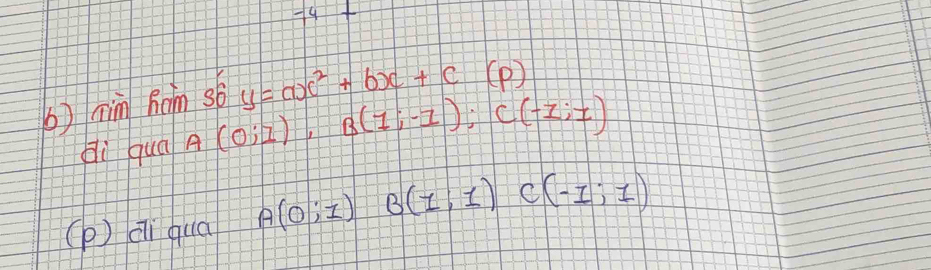 nim Rom s y=ax^2+bx+c(p)
di quá A(0;1), B(1;-1); C(-1;1)
(p ) qi quà A(0;1) B(1;1) C(-1;1)