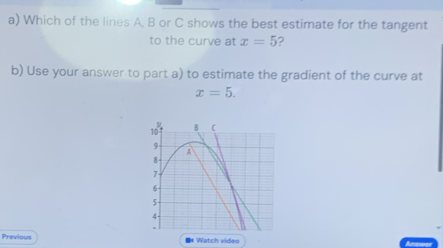 Which of the lines A, B or C shows the best estimate for the tangent 
to the curve at x=5 2 
b) Use your answer to part a) to estimate the gradient of the curve at
x=5.
y
10 B (
9
A
8
7
6
5
4
Previous * Watch video Answe