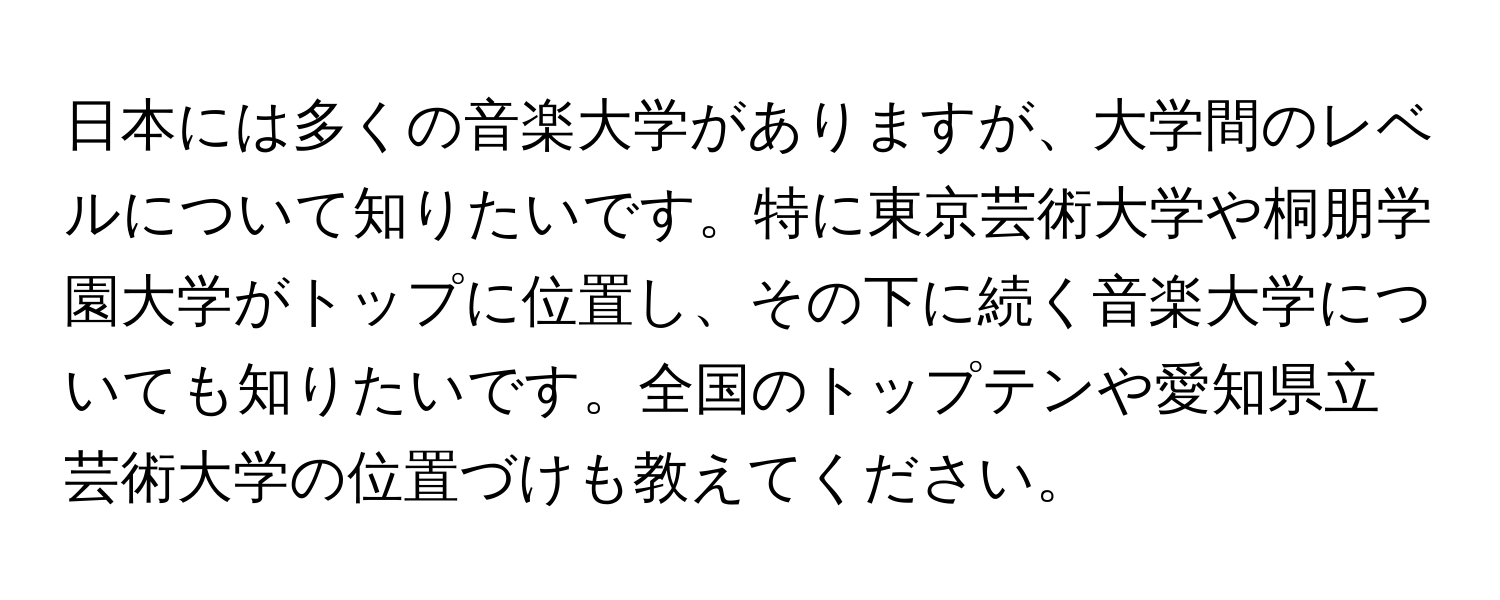 日本には多くの音楽大学がありますが、大学間のレベルについて知りたいです。特に東京芸術大学や桐朋学園大学がトップに位置し、その下に続く音楽大学についても知りたいです。全国のトップテンや愛知県立芸術大学の位置づけも教えてください。