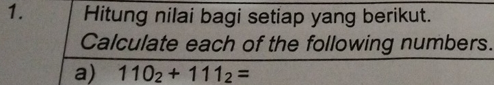 Hitung nilai bagi setiap yang berikut. 
Calculate each of the following numbers. 
a) 110_2+111_2=