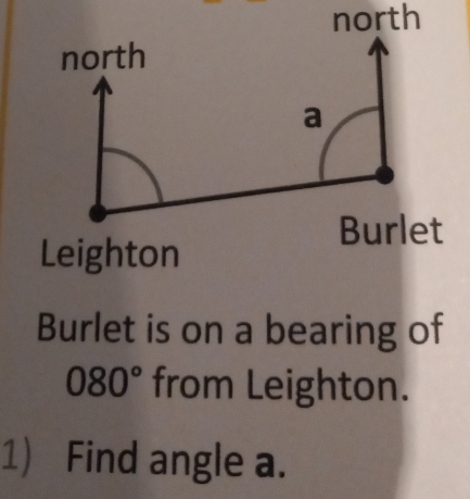 north 
north 
a 
Burlet 
Leighton 
Burlet is on a bearing of
080° from Leighton. 
1) Find angle a.