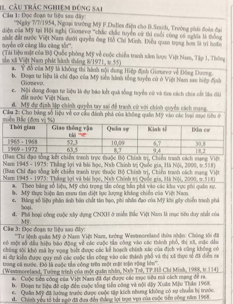 cÂU TRÁC NGHIệM đúNG Sai
Câu 1: Đọc đoạn tư liệu sau đây:
*Ngày 7/7/1954, Ngoại trưởng Mỹ F.Dulles điện cho B.Smith, Trưởng phái đoàn đại
diện của Mỹ tại Hội nghị Giơnevợ “chắc chắc tuyển cử thì cuối cùng có nghĩa là thống
nhất đất nước Việt Nam dưới quyền ông Hồ Chí Minh. Điều quan trọng hơn là trì hoãn
tuyển cử càng lâu càng tốt''.
(Tài liệu mật của Bộ Quốc phòng Mỹ về cuộc chiến tranh xâm lược Việt Nam, Tập 1, Thông
tần xã Việt Nam phát hành tháng 8/1971, tr.55)
a. Ý đồ của Mỹ là không thi hành nội dung Hiệp định Giơnevơ về Đông Dương.
b. Đoạn tư liệu là chỉ đạo của Mỹ tiến hành tổng tuyển cử ở Việt Nam sau hiệp định
Giơnevơ.
c. Nội dung đoạn tư liệu là dự báo kết quả tổng tuyển cử và tìm cách chia cắt lâu dài
đất nước Việt Nam.
d. Mỹ dự định lập chính quyền tay sai đề tranh cử với chính quyền cách mạng.
Câu 2: Cho bảng số liệu về cơ cầu đánh phá của không quân Mỹ vào các loại mục tiêu ở
miền Bắc (đơn vị
(Ban Chỉ đạo tổng kết chiến tranh trực thuộc Bộ Chính trị, Chiến tranh cách mạng Việt
Nam 1945 - 1975: Thắng lợi và bài học, Nxb Chính trị Quốc gia, Hà Nội, 2000, tr.518)
(Ban Chỉ đạo tổng kết chiến tranh trực thuộc Bộ Chính trị, Chiến tranh cách mạng Việt
Nam 1945 - 1975: Thắng lợi và bài học, Nxb Chính trị Quốc gia, Hà Nội, 2000, tr.518)
a. Theo bảng số liệu, Mỹ chú trọng tấn công bắn phá vào các khu vực phí quân sự.
b. Mỹ thực hiện âm mưu tìm diệt lực lượng kháng chiến của Việt Nam.
c. Bảng số liệu phản ánh bản chất tàn bạo, phi nhân đạo của Mỹ khi gây chiến tranh phá
hoại.
d. Phá hoại công cuộc xây dựng CNXH ở miền Bắc Việt Nam là mục tiêu duy nhất của
Mỹ.
Câu 3: Đọc đoạn tư liệu sau đây:
“Tư lệnh quân Mỹ ở Nam Việt Nam, tướng Westmoreland thừa nhận: Chúng tôi đã
có một số dấu hiệu báo động về các cuộc tấn công vào các thành phố, thị xã, mặc dầu
chúng tội khó mà hy vọng biết được các kế hoạch chính xác của địch và cũng không có
ai dự kiến được quy mô các cuộc tần công vào các thành phố và thị xã thực tế đã diễn ra
trong cả nước. Đó là cuộc tấn công trên một mặt trận rộng lớn''.
(Westmoreland, Tường trình của một quân nhân, Nxb Trẻ, TP.Hồ Chí Minh, 1988, tr.114)
a. Cuộc tiến công của Việt Nam đã đạt được các mục tiêu mà cách mạng đề ra.
b. Đoạn tư liệu đề cập đến cuộc tổng tiến công và nội dậy Xuân Mậu Thân 1968.
c. Quân Mỹ đã lường trước được cuộc tập kích nhưng không có sự chuẩn bị trước.
d. Chính yếu tố bất ngờ đã đưa đến thắng lợi trọn vẹn của cuộc tiến công năm 1968.